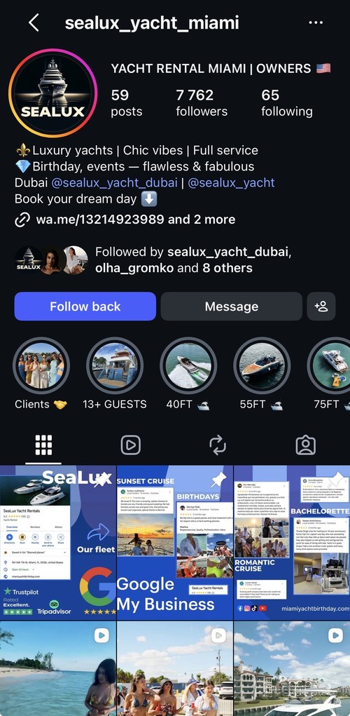 SeaLux Yachts Miami Instagram profile